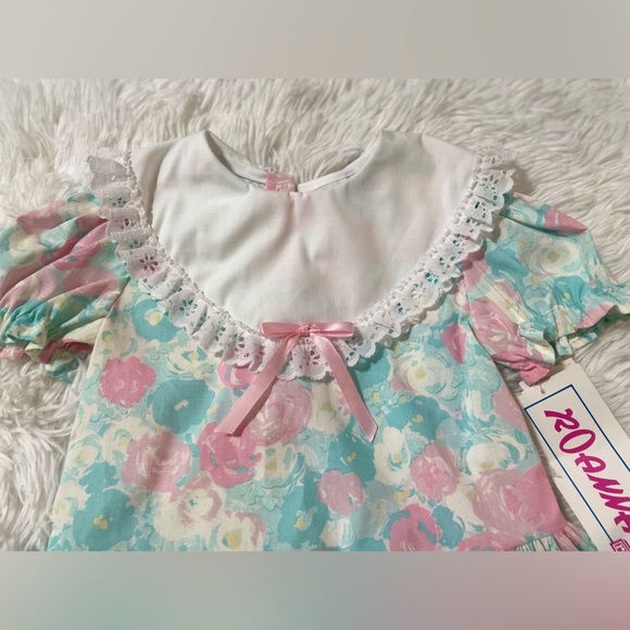 NEW Vintage Roanna 90s 80s Victorian Lace Bib Collar Pink Floral Dress Girls 3T - Picture 2 of 9